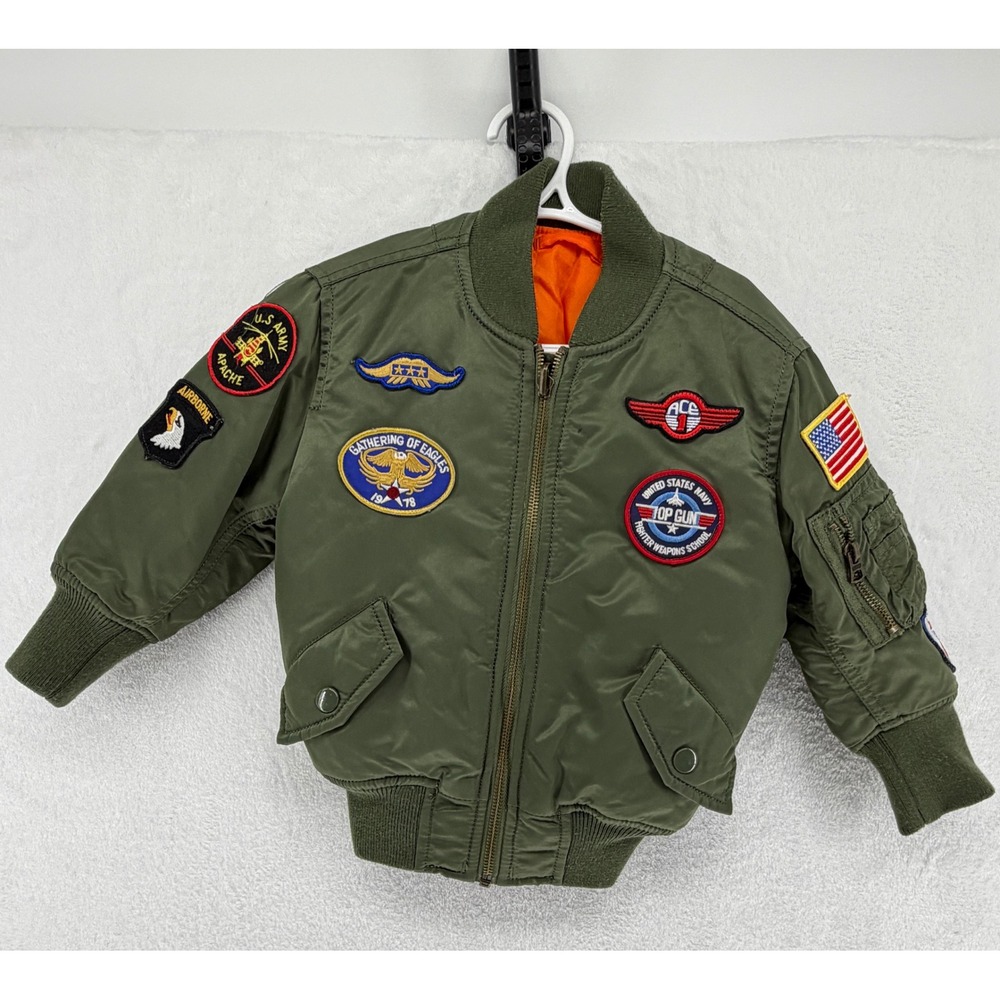 Kids MA-1 Flight Bomber Jacket Sage Green Top Gun Patches Orange Lining 80/48 2T